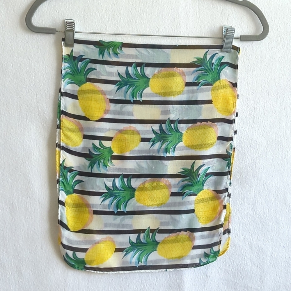 Greenbrier Black & White Stripe w Yellow And Green Pineapples Semi Sheer Scarf